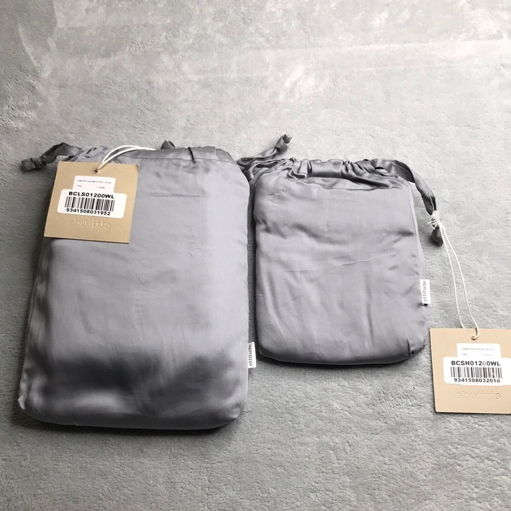 Ettitude Gray Sateen Long Sleeve Sleep Shirt and Matching Shorts Size L New
